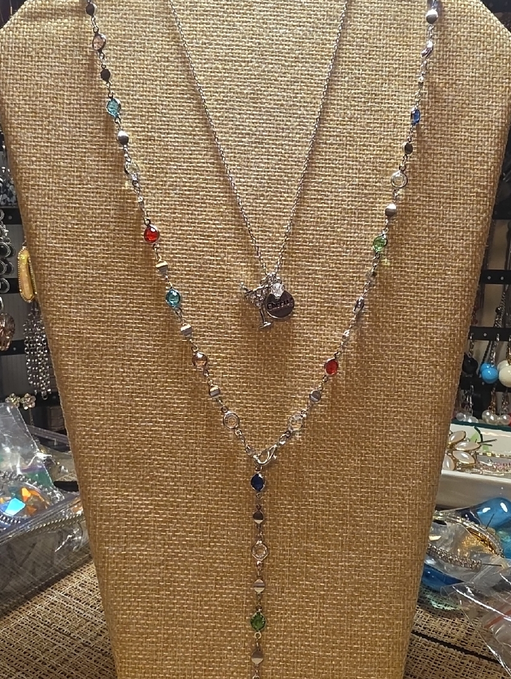 Cookie Lee "3 Cheers" martini necklace Plus Multi Colored Silver Tone Necklace